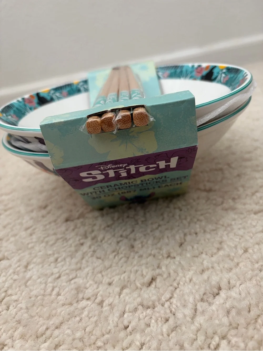 Disney Stitch 2 Ceramic Bowls Set with chopsticks.